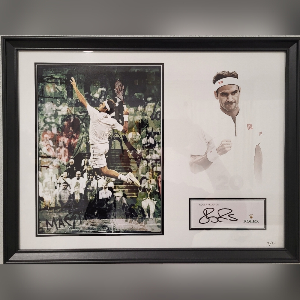 Roger Federer Autograph Rolex Tennis Art with Black Frame RARE 2/20